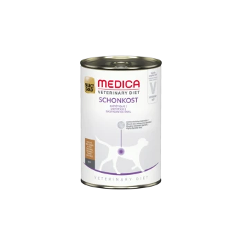 Dose Hundefutter mit der Aufschrift "Medica Veterinary Diet Schonkost", mit einer Hundesilhouette und mehrsprachigem Text für eine leicht verdauliche gastrointestinalen Diät.