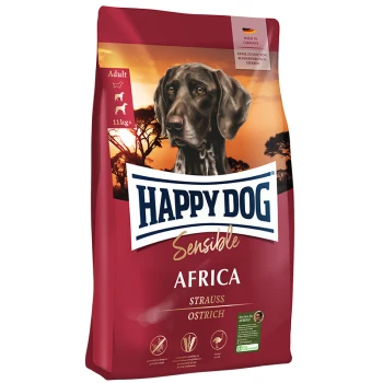 Happy Dog Sensible Africa Hundefutterbeutel mit einem großen Hund vor einer afrikanischen Landschaft, beschriftet mit 'Strauss' und 'Strauß'.
