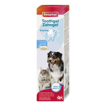 Beaphar Toothgel voor huisdieren met enzymen, lever smaak, frisse adem, geen poetsen nodig, afgebeeld met een hond en kat op de verpakking.