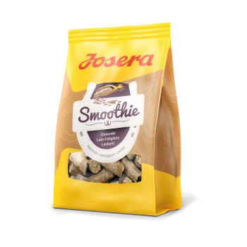 Josera Smoothie getreidefreie Leckerlis für glänzendes Fell, sichtbare pelletförmige Snacks im Inneren.