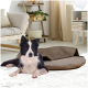 Ein schwarz-weißer Border Collie liegt auf einem hellen Teppich in einem gemütlichen Wohnzimmer, neben einem braunen Haustierbett und Holzmöbeln.