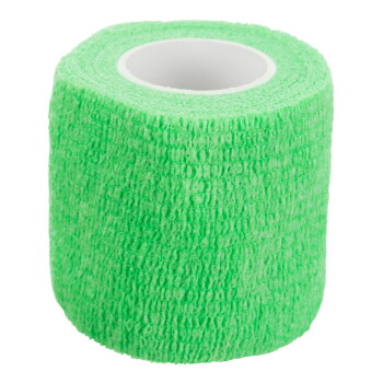 Bright green self-adhesive cohesive pet bandage roll with white cardboard core, textured fabric wrap