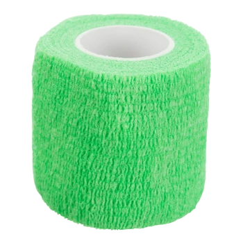 Bright green self-adhesive cohesive pet bandage roll with white cardboard core, textured fabric wrap