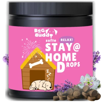 Behälter von 'BeG buddy Stay@Home Drops' für Haustiere, mit einem schlafenden Welpen, einem Hundehäuschen und floralen Akzenten auf einem rosa Hintergrund.