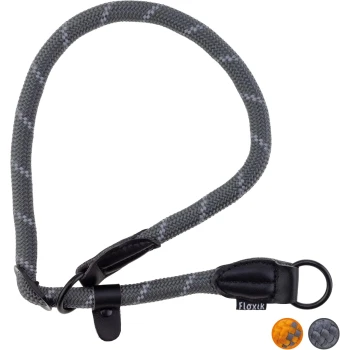 Retrieverhalsband - Robustes Halsband mit Zugstopp grau Eine graue geflochtene Hundeleine mit einem schwarzen Ledergriff und einem Metallring, mit einem Anhänger, der 'Floxir' liest.