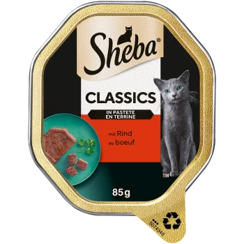 Classics Nassfutter Katze Adult, in Pastete 22x85g Rind Sheba Classics Katzenfutter in Pastete, Rindfleischgeschmack, 85g, mit einem grünen Teller mit Fleischstücken und Petersilie.
