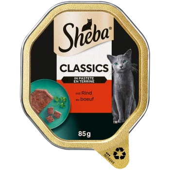 Sheba Classics Katzenfutter in Pastete, Rindfleischgeschmack, 85g, mit einem grünen Teller mit Fleischstücken und Petersilie.