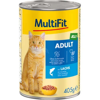 Nourriture en conserve pour chat étiquetée "MultiFit Adult Jelly" avec du saumon, présentant un chat tigré orange à l'avant, 405g.