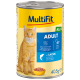 Nourriture en conserve pour chat étiquetée "MultiFit Adult Jelly" avec du saumon, présentant un chat tigré orange à l'avant, 405g.