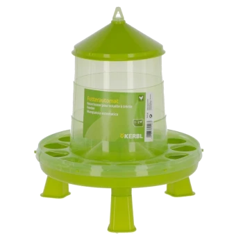 Grüner automatischer Futterspender für Geflügel mit einem transparenten Behälter und einem breiten Sockel mit Futteröffnungen, beschriftet mit "Futterautomat" von Kerbl.