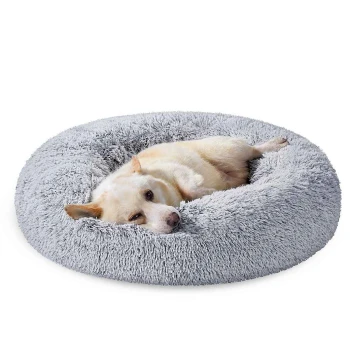 Cremefarbener Hund ruht in einem runden, flauschigen hellgrauen Donut-Haustierbett.