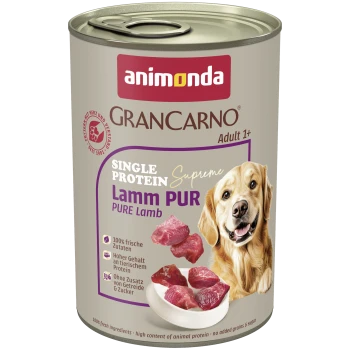 Dose Animonda GranCarno Hundefutter: 'Single Protein Supreme Lamm PUR Pure Lamb Adult 1+' mit Hundebild und Lammstücken.