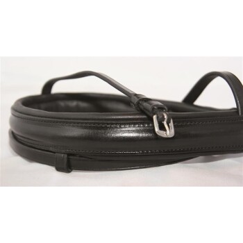 Eine Nahaufnahme einer schwarzen Leder-Hundeleine, ordentlich aufgerollt mit einer sichtbaren silbernen Metallschnalle, vor einem weißen Hintergrund.