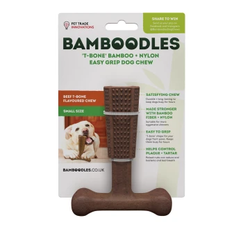 Bamboodles 'T-Bone' bamboo and nylon dog chew, beef-flavored, small size, with text highlighting its durability and dental benefits.