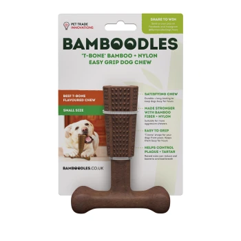 Bamboodles 'T-Bone' bamboo and nylon dog chew, beef-flavored, small size, with text highlighting its durability and dental benefits.