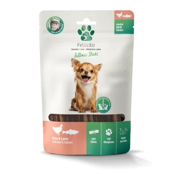 Fellicita Fellonis Sticks Hundesnack-Beutel mit einem lächelnden kleinen braunen Hund; Text 'Huhn & Lachs / Chicken & Salmon'.