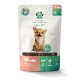 Fellicita Fellonis Sticks Hundesnack-Beutel mit einem lächelnden kleinen braunen Hund; Text 'Huhn & Lachs / Chicken & Salmon'.
