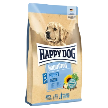 Happy Dog NaturCroq Welpen Hundefutterbeutel mit einem golden Retriever Welpen auf der Vorderseite, mit Text, der angibt, dass es in Deutschland hergestellt wird.