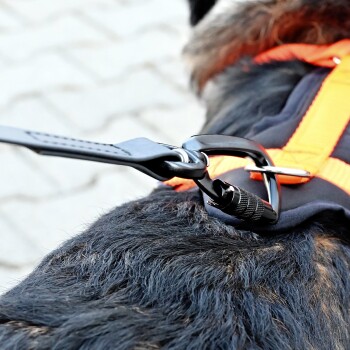 Schwarzer Sicherheitskarabiner mit orangefarbenem Riemen, beschriftet mit Eigenschaften: 400 kg Stärke, 86 mm lang, 24 g schwer und sicherer Drehverschluss.
