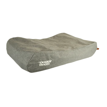Graues Hundebett mit einer weichen Textur, mit dem Text 'Doggy Bag' an der Seite.