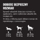 Polska tabela rozmiarów zabawek dla psów "DOBIERZ BEZPIECZNY ROZMIAR": S ≤35 lb/≤16 kg, M/L 30–65 lb/13–30 kg, L 60–90 lb/27–41 kg.