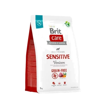 Brit Care Sensitive Venison Hundefutter, 3kg Beutel, getreidefreie Formel für Verdauung und Hautgesundheit, mit einem rot-weißen Design.
