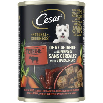 Cesar Natural Goodness Hundenassfutterdose mit weißem Terrierbild, Aufschrift "Terrine" und dem Text "Ohne Getreide mit Superfoods".