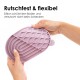 Lavendel Silikon-Haustierfütterungsmatte mit wellenförmigem Design, in der Hand gehalten; Text: "Rutschfest & flexibel" und "Silikon schützt den Boden."
