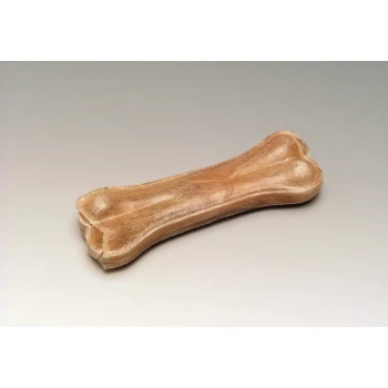 Ein kaubares Hundeknochen-Spielzeug, hellbraun gefärbt, mit einer strukturierten Oberfläche und Knochenform, auf einem neutralen Hintergrund platziert.