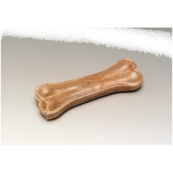 Ein kaubares Hundeknochen-Spielzeug, hellbraun gefärbt, mit einer strukturierten Oberfläche und Knochenform, auf einem neutralen Hintergrund platziert.