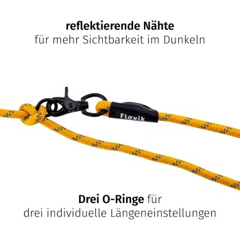 Eine gelb-graue Hundeleine mit reflektierenden Nähten und drei verstellbaren O-Ringen zur Längenanpassung, beschriftet mit "Floxik."