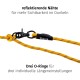 Eine gelb-graue Hundeleine mit reflektierenden Nähten und drei verstellbaren O-Ringen zur Längenanpassung, beschriftet mit "Floxik."