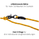 Eine gelb-graue Hundeleine mit reflektierenden Nähten und drei verstellbaren O-Ringen zur Längenanpassung, beschriftet mit "Floxik."
