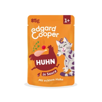 Orange Edgard Cooper 85 g Katzenfutter-Tasche, lächelnde Katze, Hühnersymbol, Text: 'HUHN in Sauce' und 'Mit echtem Huhn'