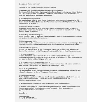 Sicherheitsanweisungen für einen Apportierbeutel in einem wiederverwendbaren Zip-Beutel mit Nutzungshinweisen und Gefahren.