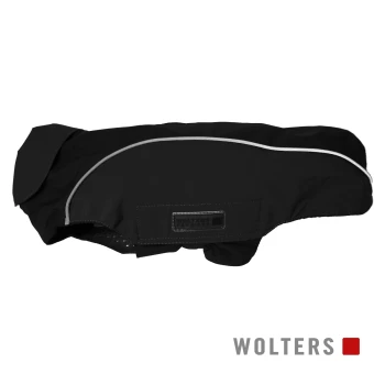 Veste pour chien noire avec des bordures réfléchissantes, portant une étiquette qui indique "WOLTERS" sur le côté.