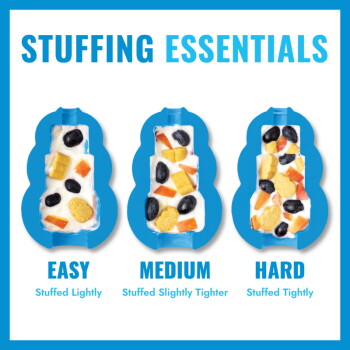 STUFFING ESSENTIALS: three blue treat molds filled with snacks. EASY: Lightly stuffed; MEDIUM: Slightly tighter; HARD: Tightly