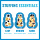 STUFFING ESSENTIALS: three blue treat molds filled with snacks. EASY: Lightly stuffed; MEDIUM: Slightly tighter; HARD: Tightly
