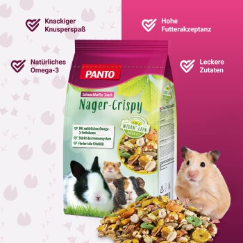 Eine bunte Tüte PANTO Nager-Crispy-Haustiersnacks mit einem Kaninchen, Hamster und Meerschweinchen, mit einer Mischung aus knusprigem Futter, das davor verstreut ist.