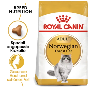 Royal Canin Adult Norwegian Forest Cat Trockenfutterbeutel mit einer grauen und weißen Katzenillustration, die die Ernährungsbedürfnisse der Rasse und die Gesundheit des Fells betont.