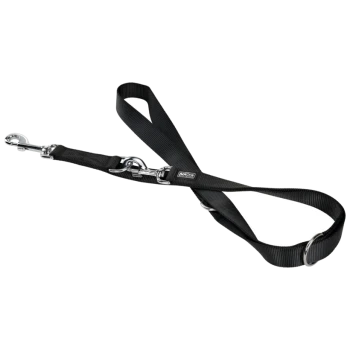 Laisse pour chien noire avec des clips en métal et une poignée rembourrée, conçue pour le confort et la durabilité.