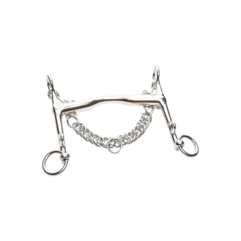 Ein glänzendes silbernes Pferdegebiss mit einer Kette, mit zwei Seitenringen zur Befestigung, vor einem weißen Hintergrund präsentiert.