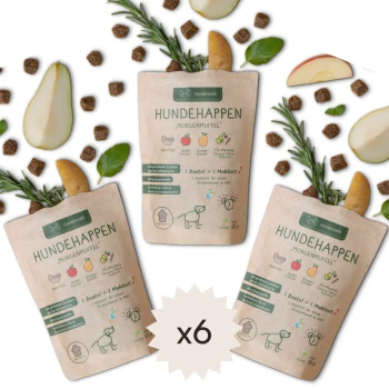 Drei Beutel "HundeHappen Morgenmuffel" Hundefutter, umgeben von Apfelscheiben, Birne, Kräutern und kleinen Kroketten. Der Text hebt vegane Zutaten hervor.