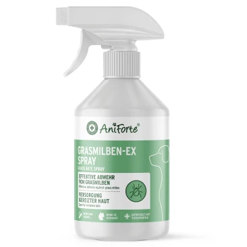 Grüne Sprühflasche mit dem Etikett "AniForte Grasmilben-Ex Spray" zur Abwehr von Grasmilben, mit einer Hundesilhouette und zweisprachigem Text.