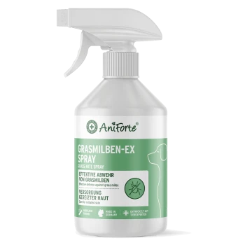 Grüne Sprühflasche mit dem Etikett "AniForte Grasmilben-Ex Spray" zur Abwehr von Grasmilben, mit einer Hundesilhouette und zweisprachigem Text.