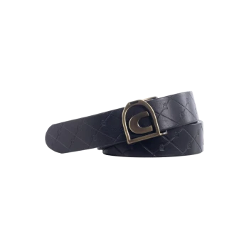 Schwarzes Haustierhalsband mit einem dekorativen geprägten Muster und einer goldfarbenen Schnalle mit einem stilisierten Buchstaben 'C'.