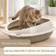 Getigerte Katze in einer beigen ovalen Katzentoilette mit hohem Rand; sichtbarer Text: 'Modernes Design' und 'durchdachte Funktion mit Schutzrand'.