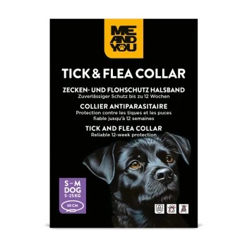 Emballage du collier anti‑tiques et puces ME AND YOU avec illustration d'un chien noir, « Protection fiable de 12 semaines », taille S–M chien 5–25 kg, 60 cm.