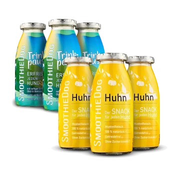 Zwei Hundesnacks: gelbes "Huhn" mit natürlichen, zuckerfreien Zutaten; grünes "Trinkpause" mit Ente, Früchten und Gemüse zur Hydration.