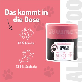 Logo von ALPHAZOO mit einem rosa Herzen, begleitet von Text auf Deutsch über ihre Haustierprodukte, die mit Liebe in Dortmund, Deutschland, hergestellt werden.